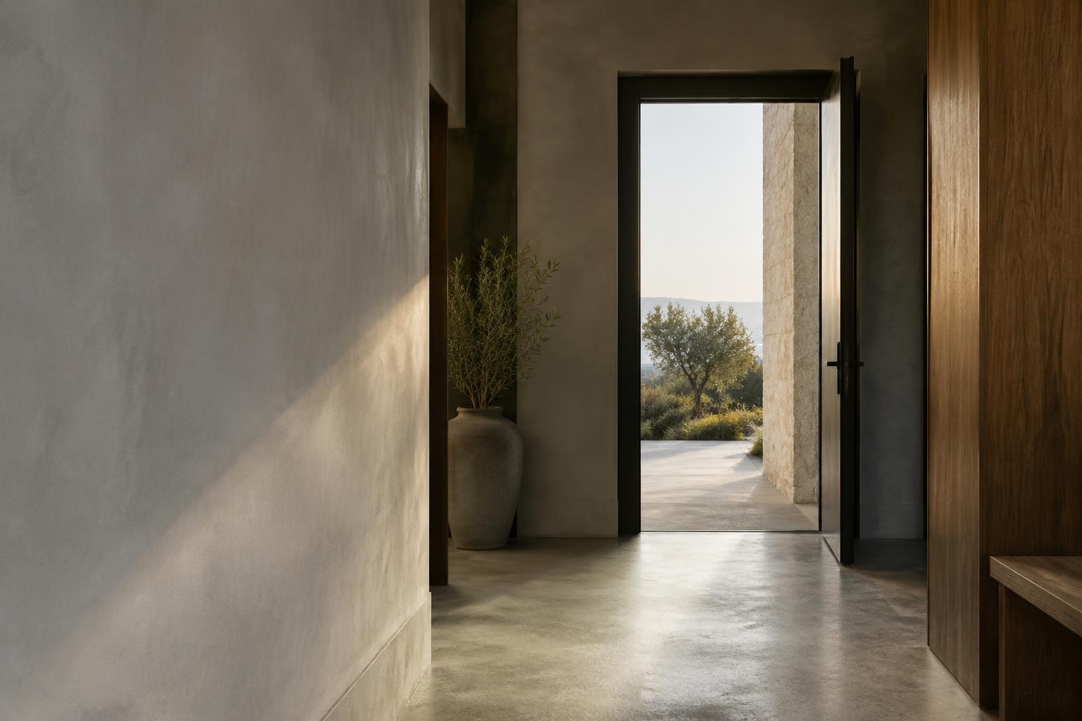An open doorway leading from a quiet interior into daylight